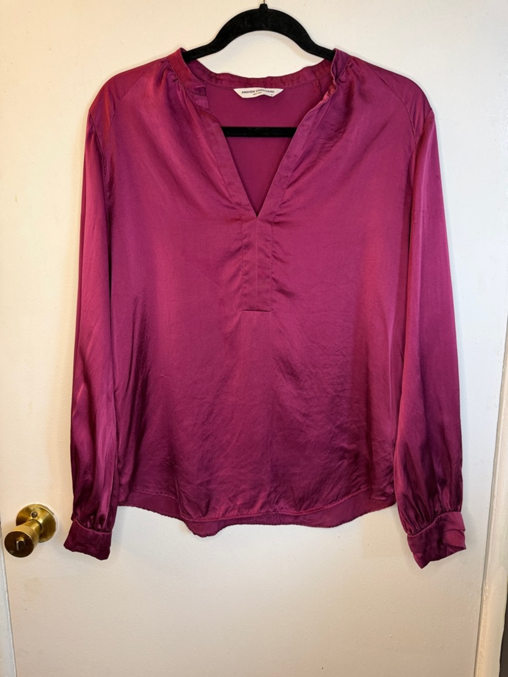 100% Silk Satin Amanda Uprichard V-Neck Long Sleeve Blouse